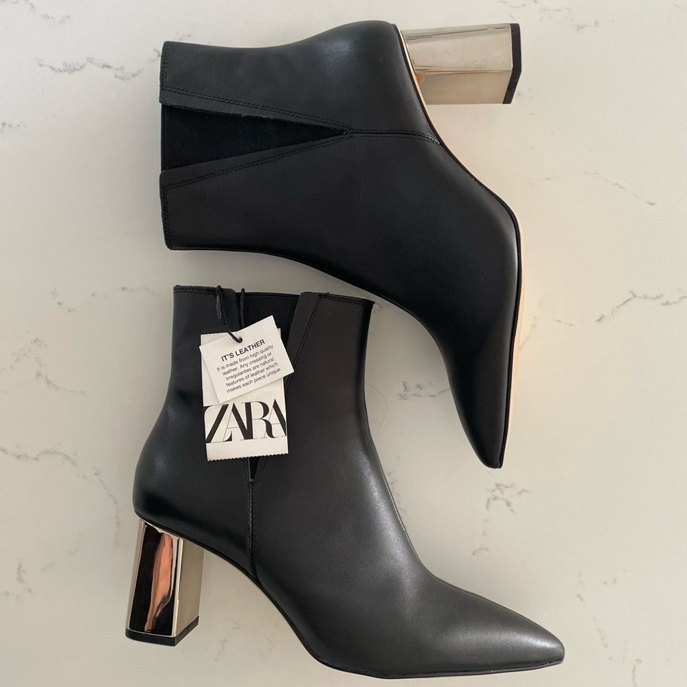 NWT- Zara Metallic Heeled Black Leather Ankle Boots